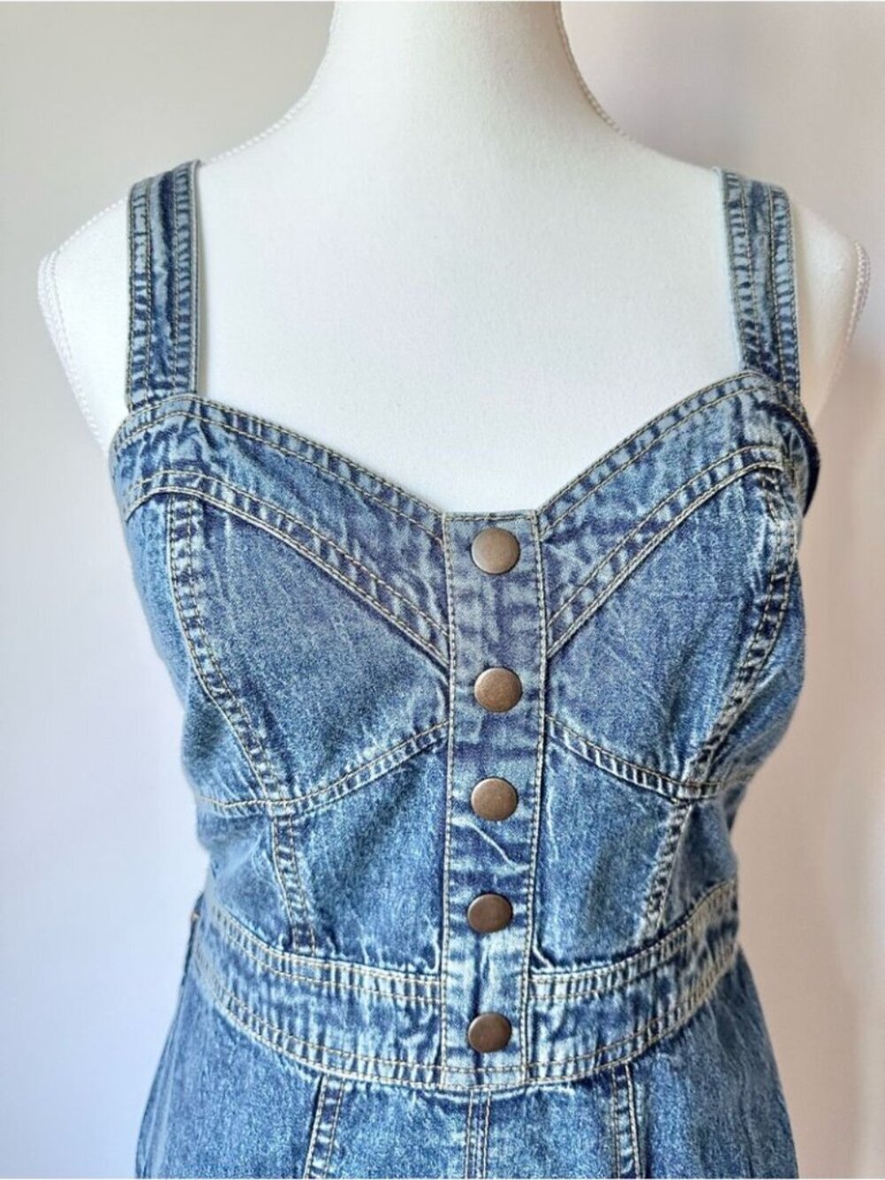 Japna Blue Denim Sweetheart Mini Dress with Faux Button Retro Coastal Cowgirl S - Picture 9 of 10